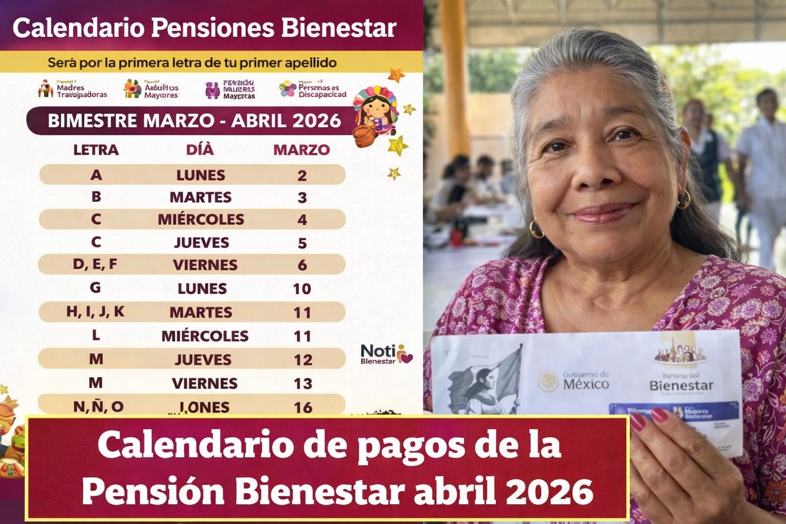 Calendario de pagos de la Pensión Bienestar abril 2026